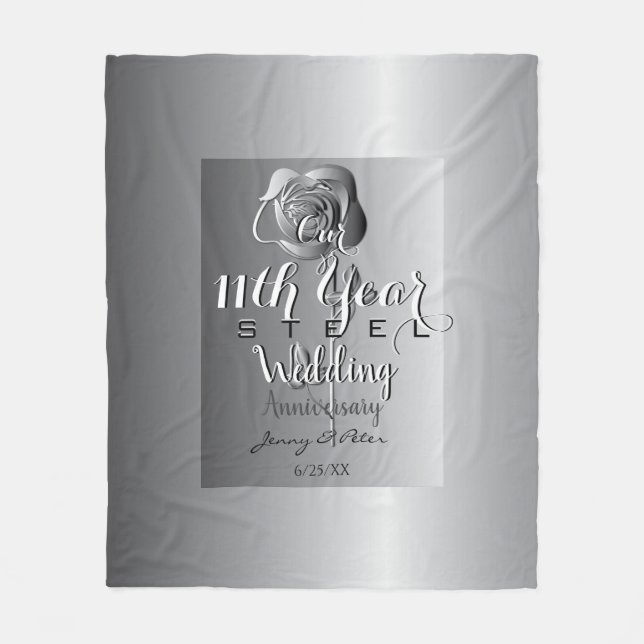 11th Wedding Anniversary Steel Rose Fleece Blanket (Front)