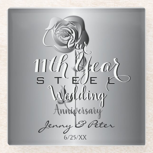 11th Wedding Anniversary Steel Rose Glass Coaster (Front)