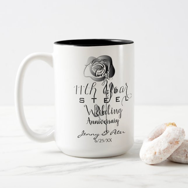 11th Wedding Anniversary Steel Rose Two-Tone Coffee Mug (With Donut)