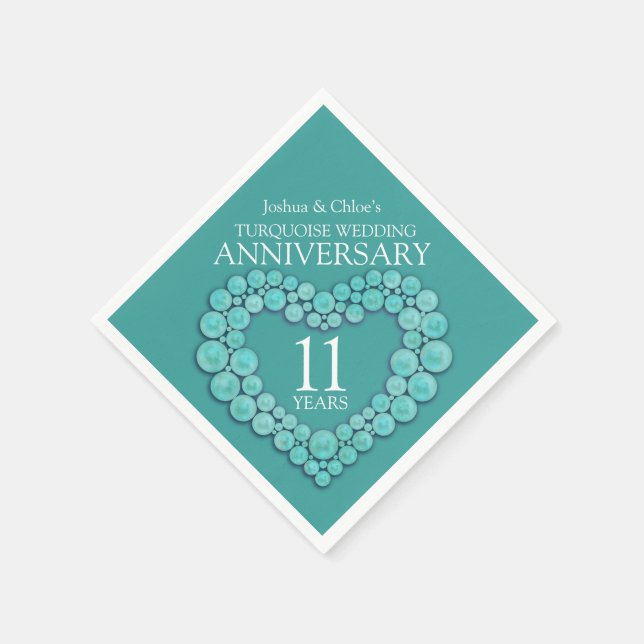 11th Wedding Anniversary turquoise heart Napkin (Corner)