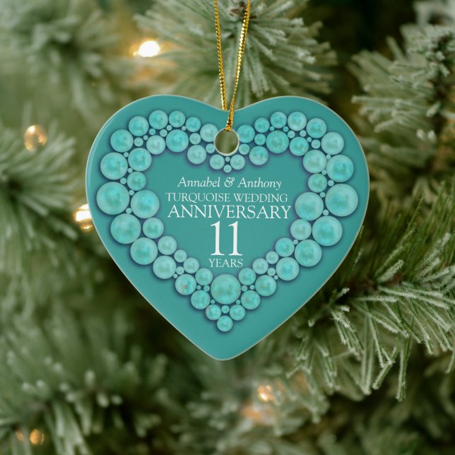 11th Wedding Anniversary Turquoise heart ornament (Tree)