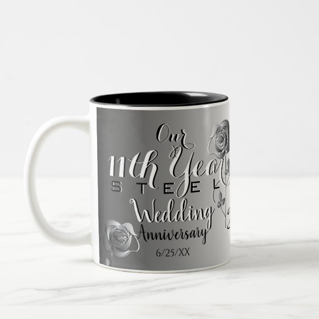 11th Wedding Anniversary with Steel Roses Two-Tone Two-Tone Coffee Mug (Left)