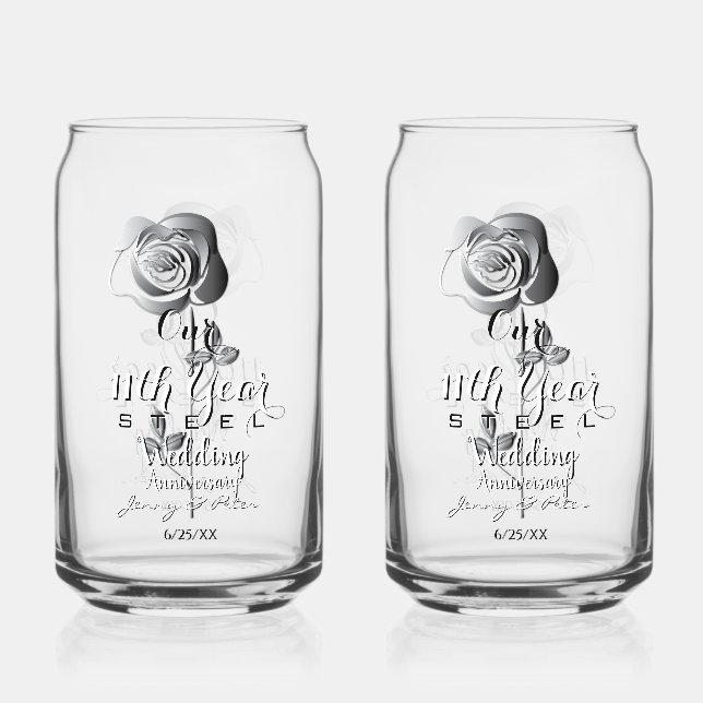 11th Year Wedding Anniversary Steel Rose Can Glass