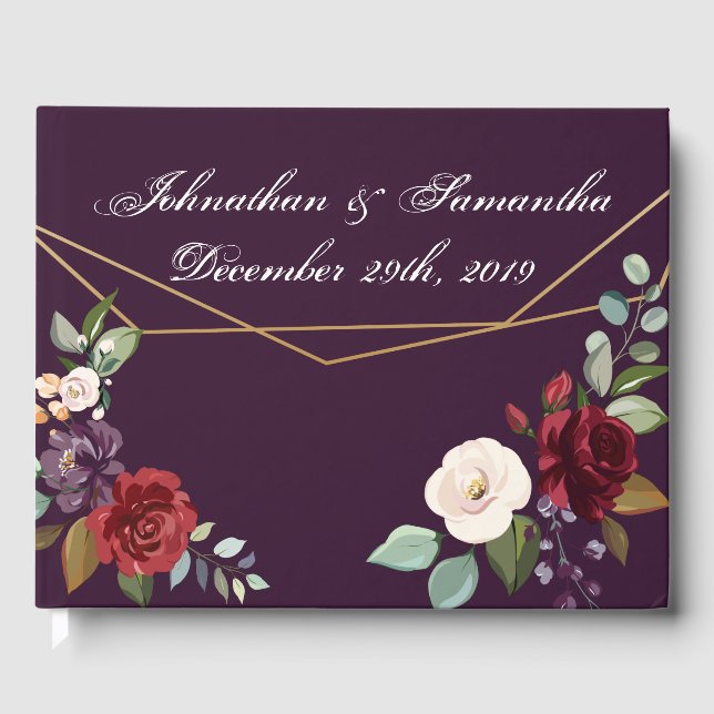122 Page Wedding Guestbook Plum Purple Roses Gold (Front)