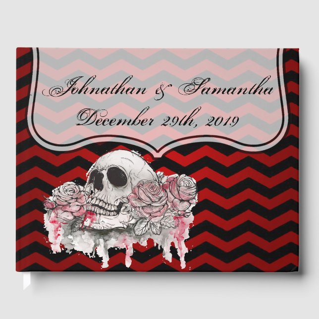 122 Page Wedding Guestbook skull Rose goth Chevron (Front)