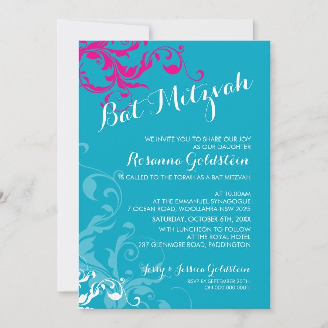 128-marnie BAT MITZVAH flourish turquoise pink Invitation (Front)