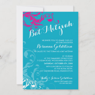 128-marnie BAT MITZVAH flourish turquoise pink Invitation
