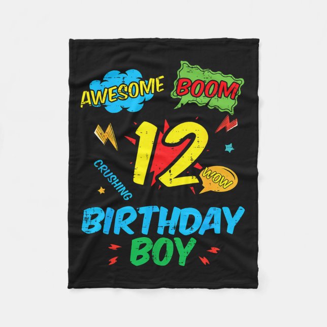 12 Birthday Boy Comic 12th Bday Superhero Party Bo Fleece Blanket (Front)