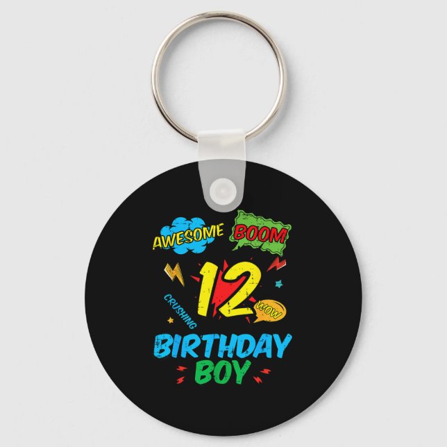 12 Birthday Boy Comic 12th Bday Superhero Party Bo Key Ring (Front)