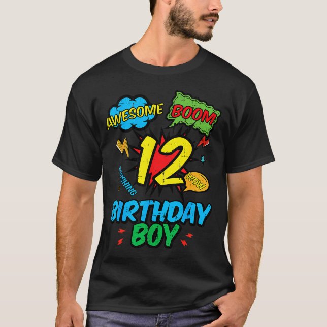 12 Birthday Boy Comic 12th Bday Superhero Party Bo T-Shirt (Front)