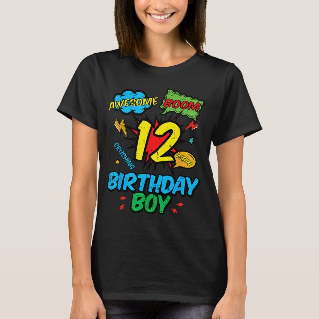 12 Birthday Boy Comic 12th Bday Superhero Party Bo T-Shirt (Front)