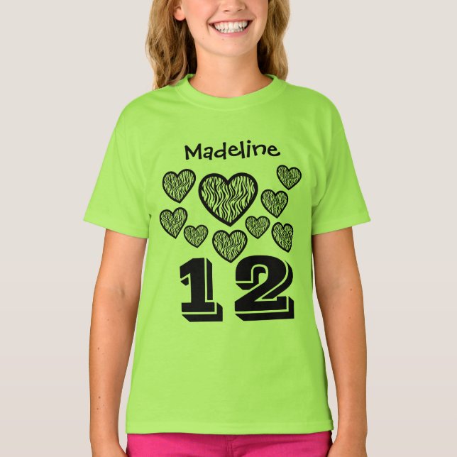 12 Birthday Girl Hearts Big Number Custom Name Q05 T-Shirt (Front)