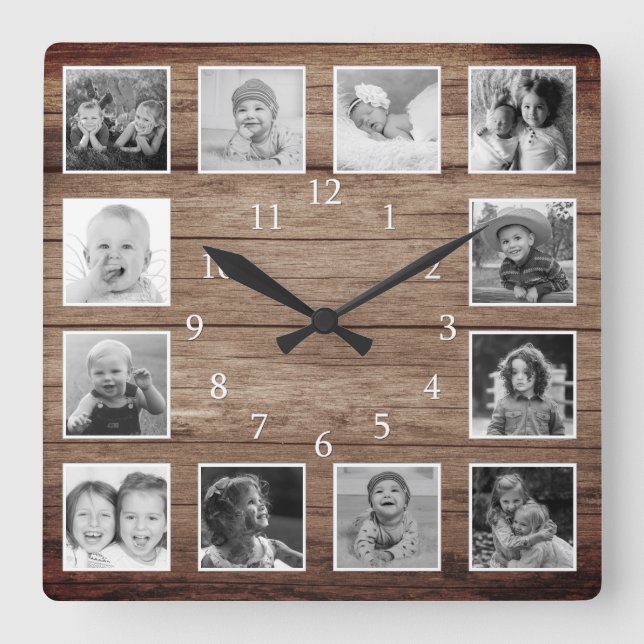 12 Black And White Photo Collage Farmhouse Wood Square Wall Clock (Front)