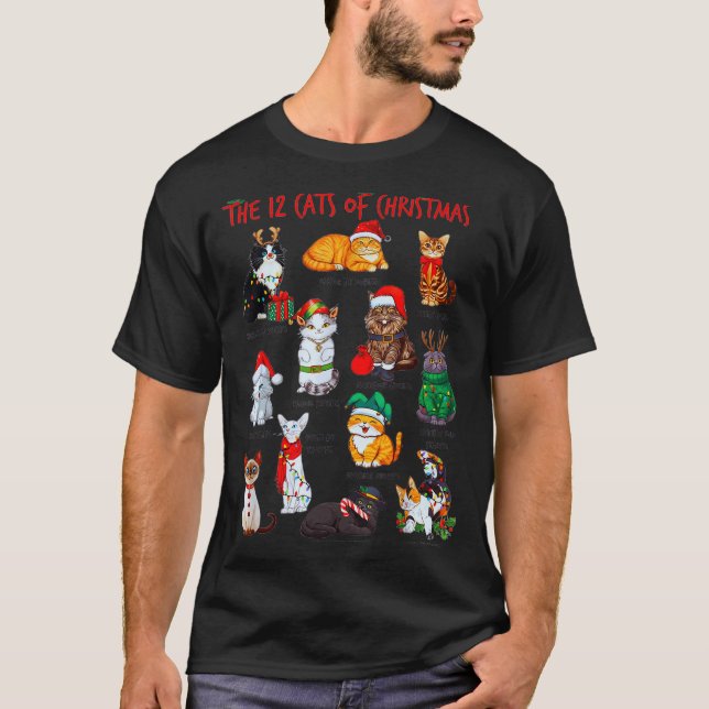 12 Cats Of Christmas Funny Holiday Xmas Cat Lover  T-Shirt (Front)