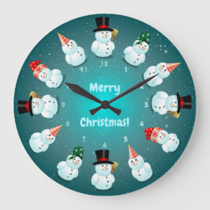 12 Cool Snowmen Celebrating Christmas Large Clock