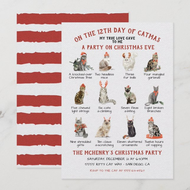 12 Day of Catmas Holiday Cat Christmas Party Invitation (Front/Back)