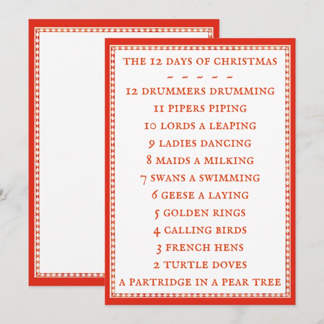 12 DAYS LYRICS 5x7 Flat Card II  (Front/Back)