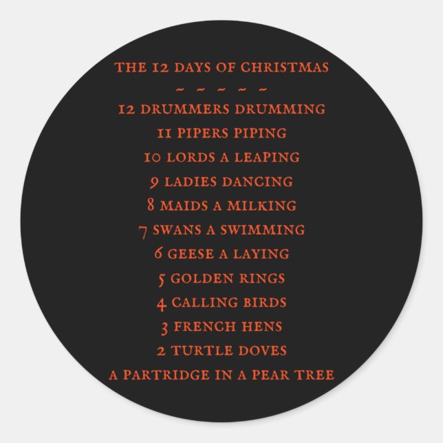 12 Days Lyrics Boys T Shirt  Classic Round Sticker (Front)