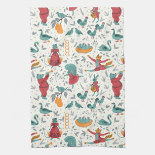12 Days of Christmas Folk Art Animal Blue Tea Towel