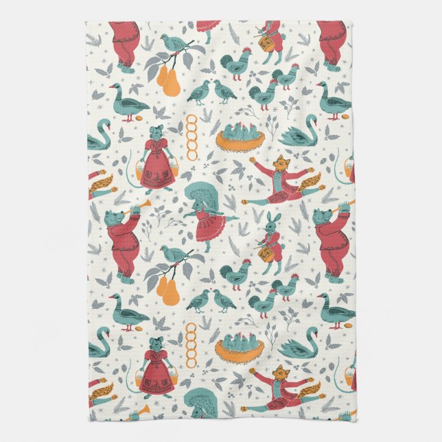 12 Days of Christmas Folk Art Animal Blue Tea Towel (Vertical)