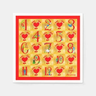 12 Days of Christmas Folk Art with Hearts on Gold Napkin