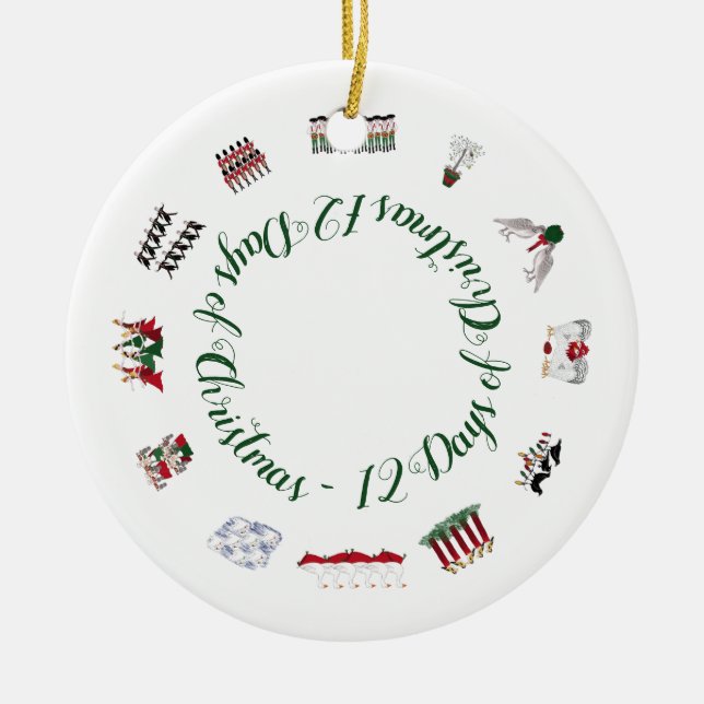 12 Days of Christmas in a Circle of Red and Green Ceramic Tree Decoration (Front)