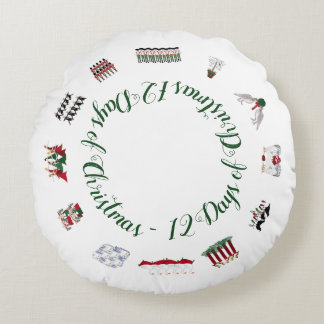 12 Days of Christmas in a Circle of Red and Green  Round Cushion