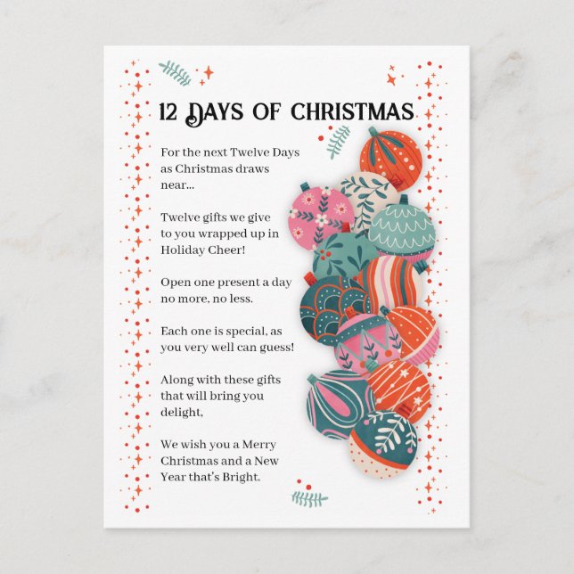 12 Days of Christmas Letter Holiday Postcard (Front)