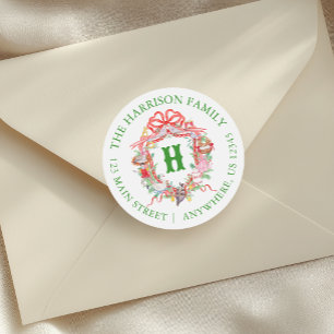 12 Days of Christmas Monogram Crest Address Classic Round Sticker
