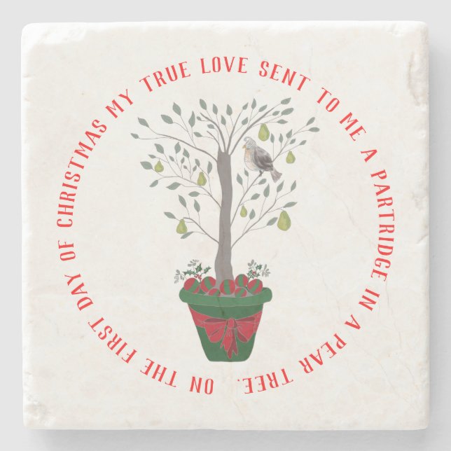 12 Days of Christmas Partridge in a Pear Tree Stone Coaster (Front)