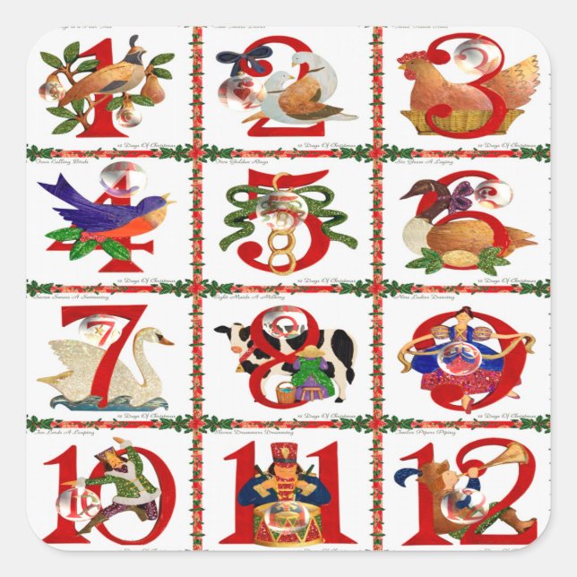 12 Days Of Christmas Quilt Print Gifts Square Sticker (Front)