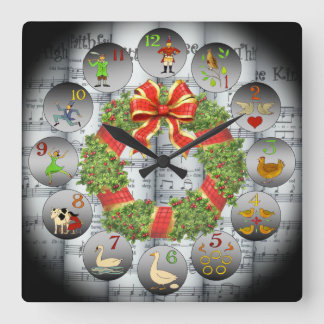 12 Days Of Christmas ~Sheet Music~Christmas Wreath Square Wall Clock
