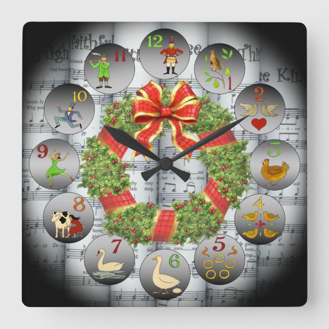 12 Days Of Christmas ~Sheet Music~Christmas Wreath Square Wall Clock (Front)