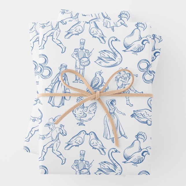 12 Days of Christmas Toile Wrapping Paper Sheet (In situ)