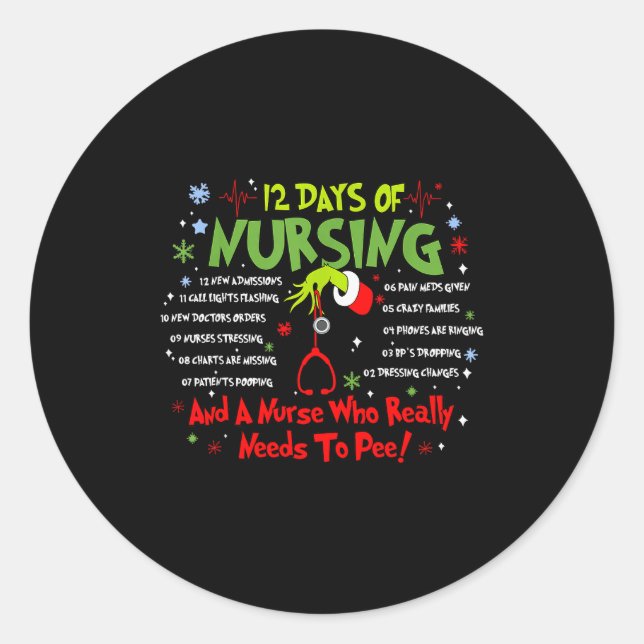 12 Days Of Nursing Stethoscope Nurse Christmas Xma Classic Round Sticker (Front)