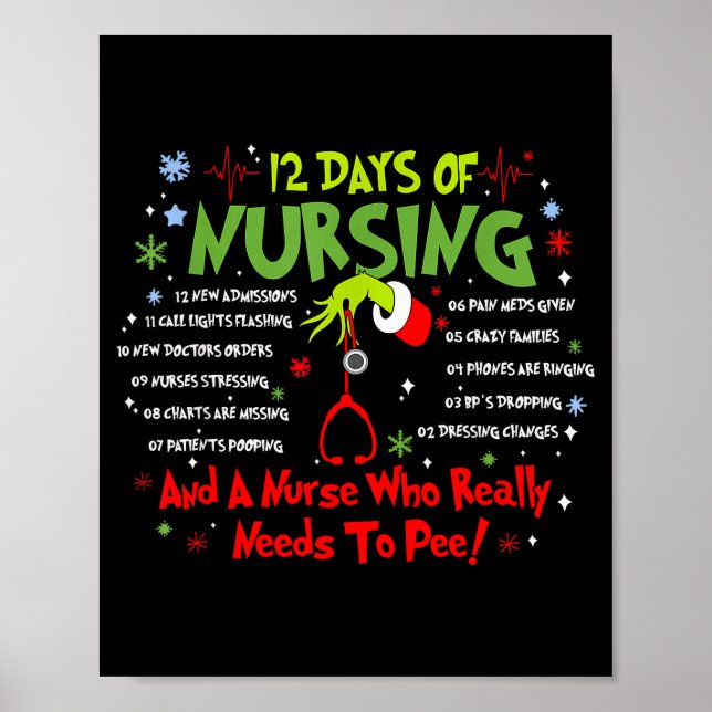 12 Days Of Nursing Stethoscope Nurse Christmas Xma Poster (Front)
