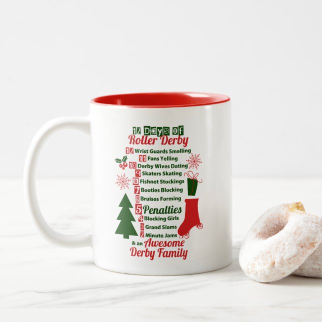 12 Days of Roller Derby Christmas, Roller Skating Two-Tone Coffee Mug (With Donut)