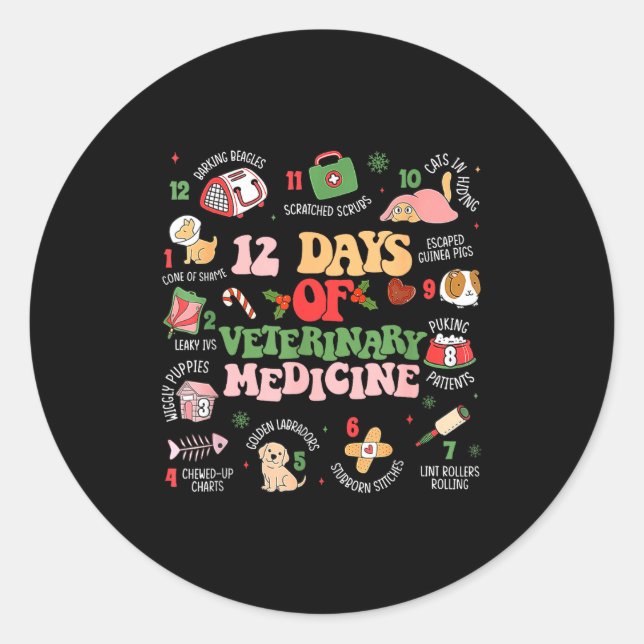 12 Days Of Veterinary Medicine Funny Christmas Vet Classic Round Sticker (Front)