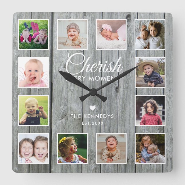 12 Family Photo Collage Cherish Quote Grey Wood   Square Wall Clock (Front)