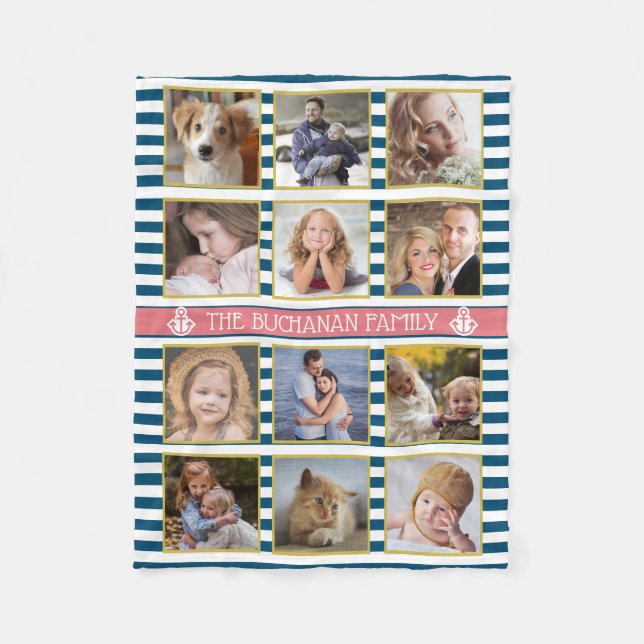 12 Family Photo Collage | Coral Navy White Stripes Fleece Blanket (Front)