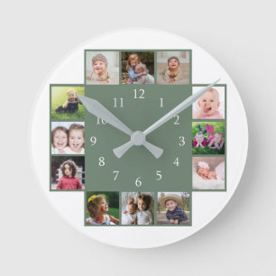 12 Family Photo Collage Create Your Own Green Round Clock