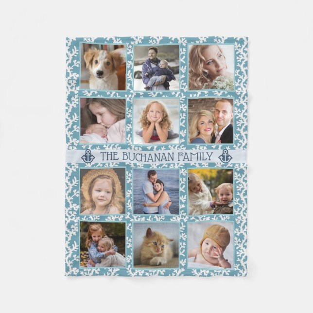 12 Family Photo Collage | Modern Beach Coral Easy Fleece Blanket (Front)
