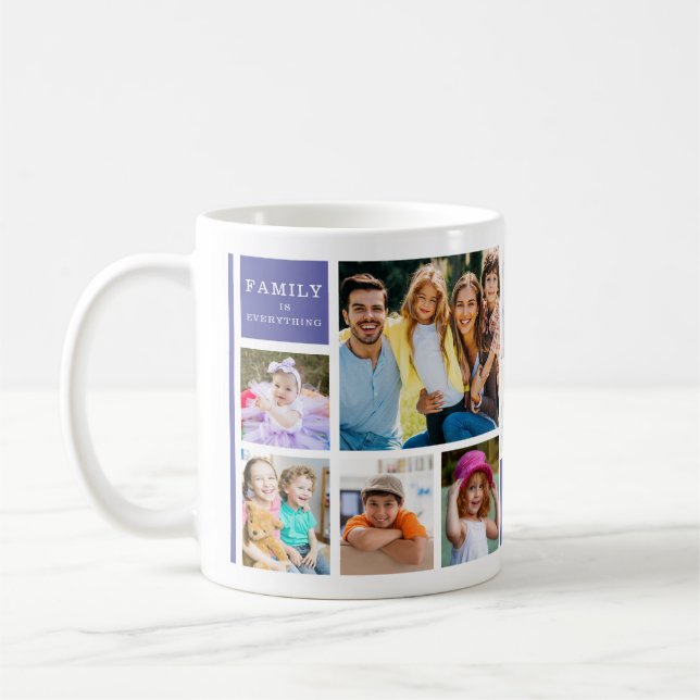 12 Family Photo Collage Quote Monogrammed Purple Coffee Mug (Left)