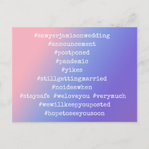 12 Hashtags Postponed Wedding Pink Purple Ombre Postcard