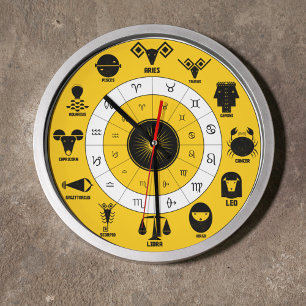 12 Indian Vedic Signs on Yellow Geometric Design Large Clock