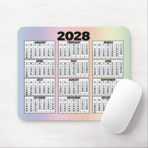 12-Month Calendar for 2028 on Pastel Rainbow Mouse Mat