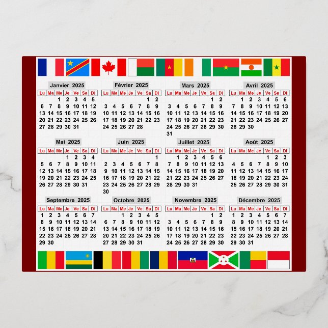 12 month calendar of the year 2025  foil holiday postcard (Front)
