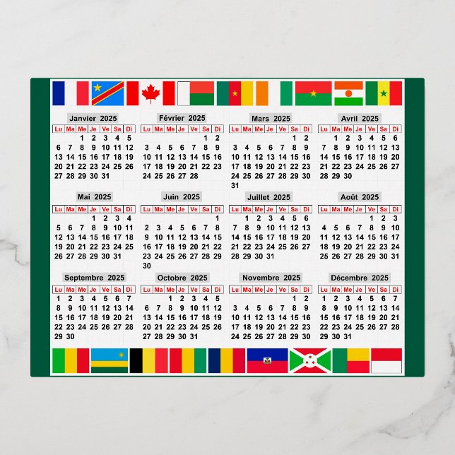 12 month calendar of the year 2025  foil holiday postcard (Front)