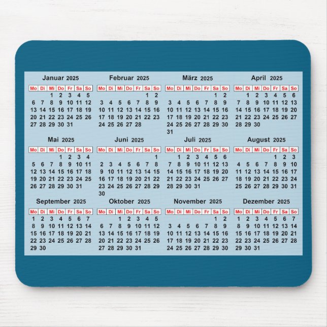 12 month calendar of the year 2025  mouse mat (Front)