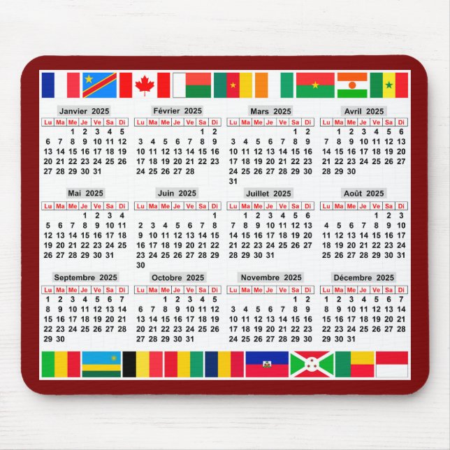 12 month calendar of the year 2025  mouse mat (Front)